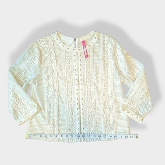Plenty By Tracy Reese Off-White Rivet & Crochet Lace 3/4 sleeve Top Size Small - Picture 3 of 11